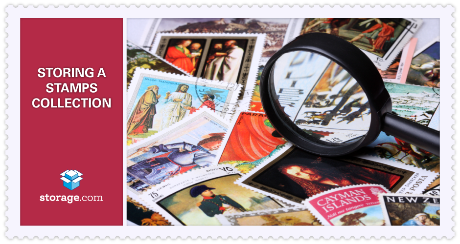 Pile of collectible stamps with a magnifying glass.