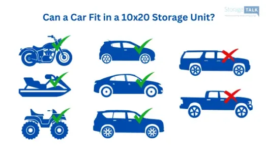 graphic showing types of cars that fit in a 10x20 storage unit